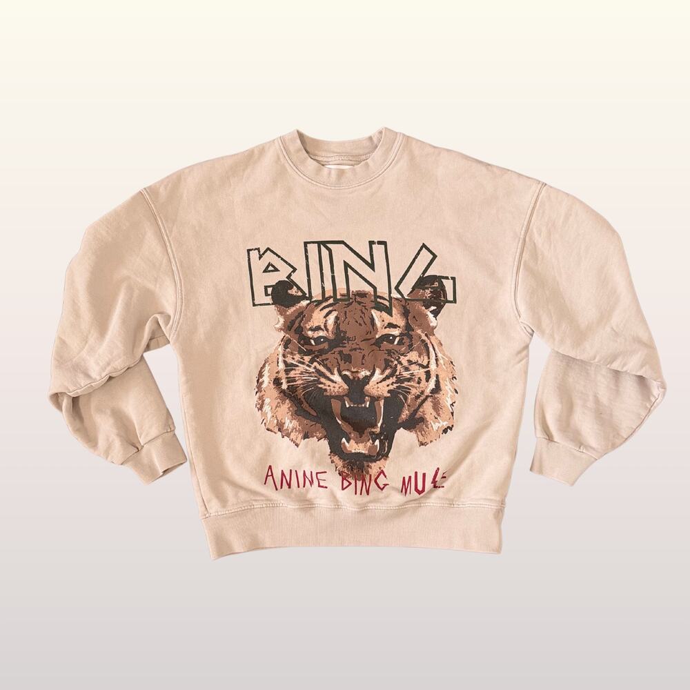 Anine Bing TIGER MUSE Sweatshirt Bone Tan Size Small 100% Cotton Crew Neck Logo